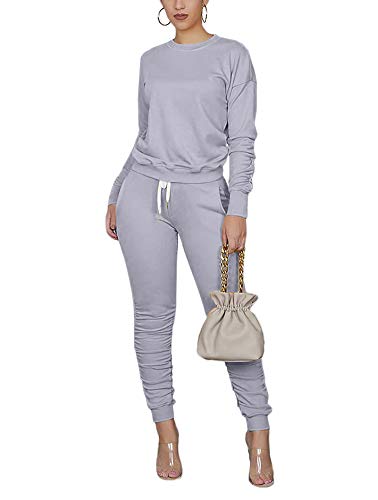 Women\'s Stacked Sweat Suits 2 Pc Set Two Pice Outfits Ruched Long Sleeve Sweatshirts + Skinny Pants Grey Large