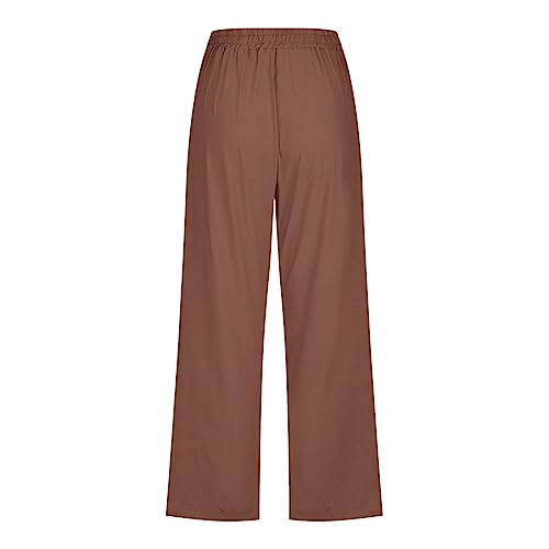 Rvidbe Capri Pants for Women Casual Summer Drawstring Elastic Waist Linen Pants Straight Wide Leg Crop Trousers with Pockets Brown4