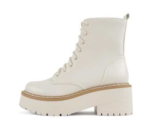 Soda FLING Women Chunky Lug Sole Lace up Fashion Combat Ankle Boot w/Side Zipper (Off White Pu, 8.5)