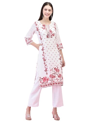 Image of Shree Women Liva (Rayon) White Floral Print Kurta