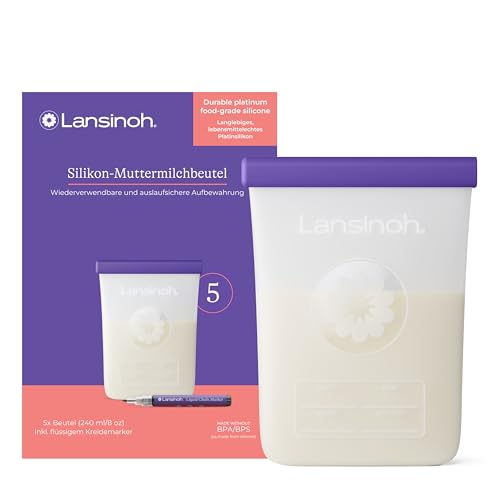 Lansinoh Silikon Muttermilchbeutel wiederverwendbar Muttermilch auslaufsicher im Kühlschrank oder Gefrierfach aufbewahren 5 Stück inkl. Kreidemarker 240 ml
