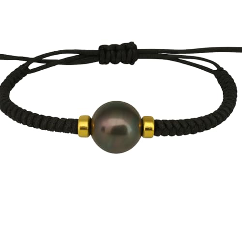 Bracelet artisanal avec perle de Tahiti naturelle 11 mm, Macramé noir, compléments en or 18 carats, réglable, unisexe, Mediano