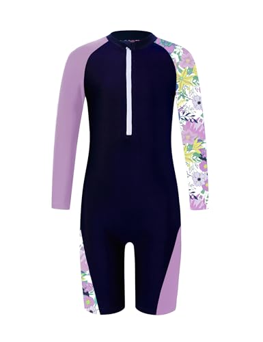 Image of Girls One Piece Rash Guard Swimsuit Long Sleeve Swimsuits with Zipper Patchwork Beach Bathing Suit for Kids 4-13 Years