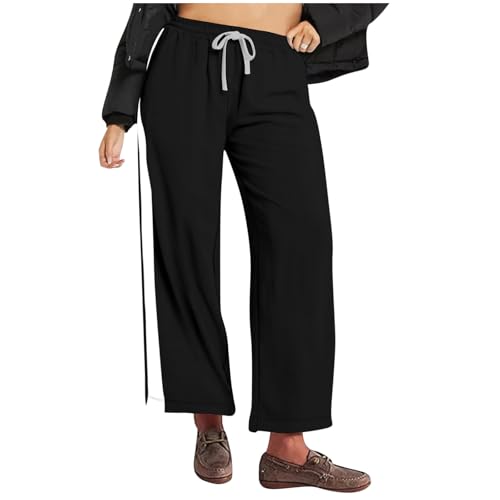Women's Patchwork Drawstring Sweatpants Casual Trendy Waist Elastic Athletic Pants Wide Leg Baggy Trousers Plus Size Black