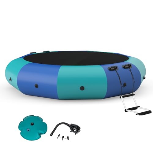 KOTEK Water Trampoline, 10Ft/12Ft/15Ft Recreational Water Bouncer with Electric Pump, Rope Ladders, Inflatable Floating Trampoline for Lake, Pool Water Sports (Blue+Green, 10 FT)