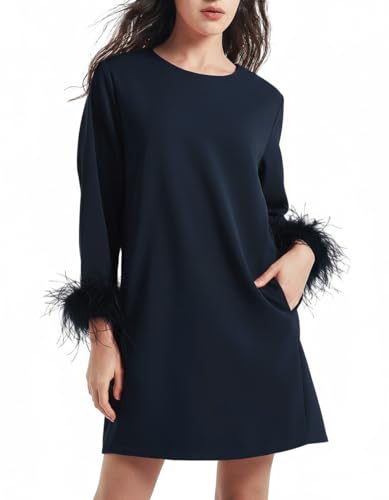 Image of D-Sun Women Feather Dress 3 /4 Feather Sleeves Mini Dress | Round Neck,Elegant Party Dress, Wedding Guest Cocktail Dresses with Pocket