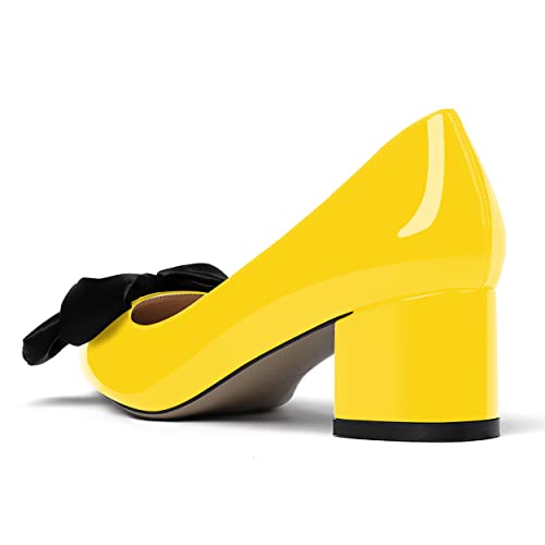 WAYDERNS Women's Slip On Pointed Toe Patent Bow Decoration Chunky Low Heel Pumps Shoes 2 Inch 7