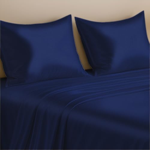 Image of Luxe Ere Satin Bedsheet Single Size (60x90) | 300 TC Ultra Smooth Silky Soft Luxury Satin Bed Sheet with 2 Pillow Covers | Premium Satin Bedsheets for Single Bed - Imperial Indigo