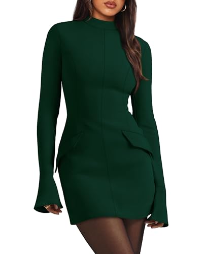 OFEEFAN High Neck Slim Fit Dress Fall Formal Long Sleeve Dresses Deep Green M