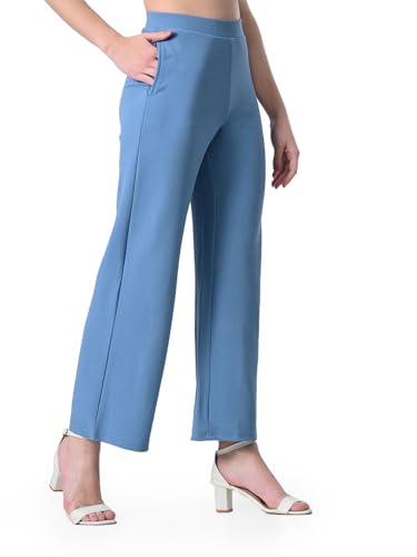Image of Women's High Waist Straight Fit Trousers,Solid Korean Stretchable Pants for Women, Regular Fit Elastic Waist Full Length Formal Trouser,Casual,Office Wear