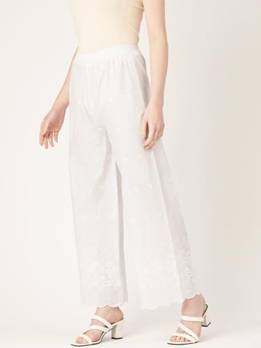 Image of feranoid White Chicken Embroidred Cotton Regular Fit Palazzo