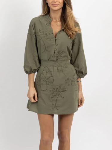 Image of Joiemont Womens Olive Embroidered Belted Mini Dress Summer Half Button 3 /4 Sleeve Eyelet Dress