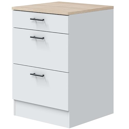 Módulo Inferior Cocina Kira 3 Cajones Estilo Moderno Blanco Brillo y Roble Canadian 60x90x60 cm