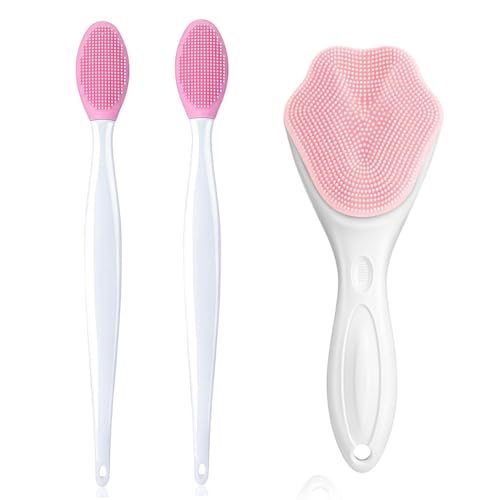 GGUFAY 1 Pièces Brosses nettoyantes pour le visage, 2 Pièces Brosse à Lèvres Exfoliante, Pinceau à Lèvres Exfoliant en Silicone Double Face, Pinceau pour Enlever les Points Noirs du Nez (Rose)