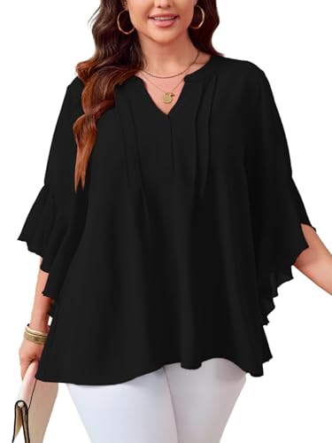 SCOMCHIC Women's Plus Size Blouse 3/4 Sleeve V Neck Chiffon Dressy Casual Shirts Business Work Office Tunic Tops XL-5XL