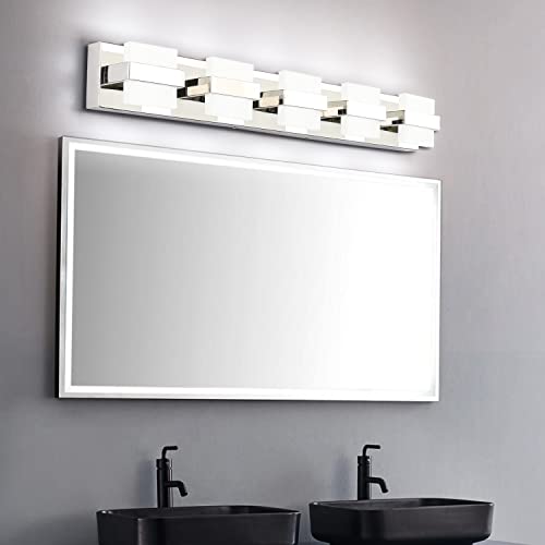 Image of SOLFART 5 Lights Chrome Bathroom Lights Over Mirror Modern LED Vanity Light Bathroom Vanity Lighting Fixtures 34 inch White Light Non Dimmable