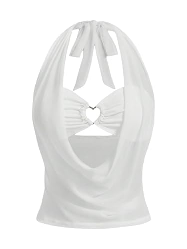 OYOANGLE Women's Summer Sheer Halter Crop Top Y2K Sleeveless Mesh Top Going Out Clubwear