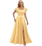 Short Sleeve Bridesmaid Dresses with Pockets Square Neck A-Line Satin Prom Gown Dress for Women w...