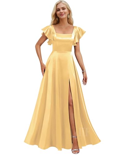 Image of IIF Short Sleeve Bridesmaid Dresses with Pockets Square Neck A-Line Satin Prom Gown Dress for Women with Slit IIF134