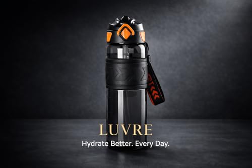 Image of Luvre Sports Water Bottle with Flip Top Lid, Black and Orange, BPA Free Tritan Material, Leak Proof Design with Carry Strap