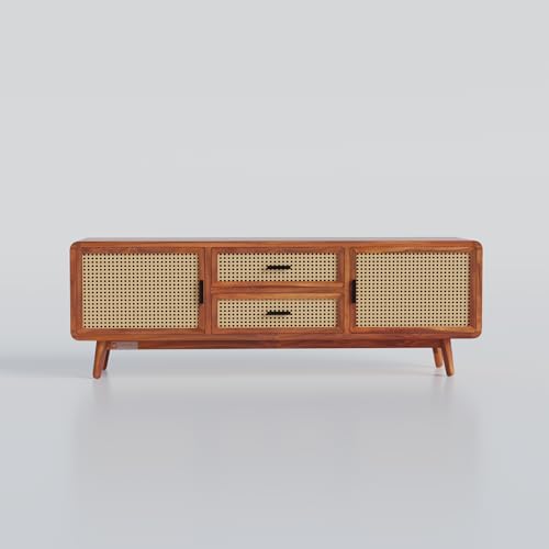 Image of DRIFTINGWOOD Amber Solid Sheesham Wood Modern Rattan TV Console for Upto 65 Inch TV, Boho Entertainment Center with 4 Storage Compartments (2 Drawers, 2 Cabinets), Honey Finish