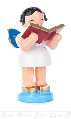 Ange avec livre en bois des Montagnes Métallifères figurine de Noël artisanale bleue 9 cm