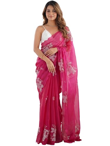 Image of AKHILAM Women's Shimmer Pure Georgette Embroidered Ready To Wear one Minute Saree With Unstitched Blouse Piece