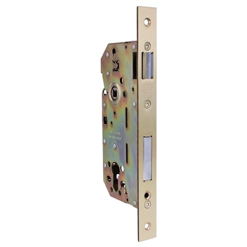 Amig   Cerradura de Embutir para Puertas de Madera   Con Paletón de Cierre   Frente y Soporte en Canto Cuadrado   Entrada de 50 mm   Picaporte reversible   Acero   Dorado   240 mm