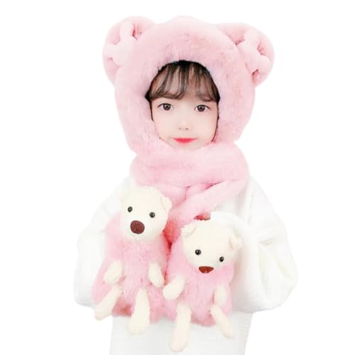 Kid Animal Hooded Scarf Girl Winter Hat with Earflap 3 in 1 Cute Cartoon Bear Beanie Children Plush Glove Set (Bear Pink)