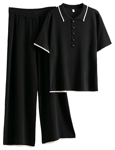 Tanming Two Piece Sets for Women Short Sleeve Polo Neck Tops Casual Lounge Set Wide Leg Pants Set Tracksuit