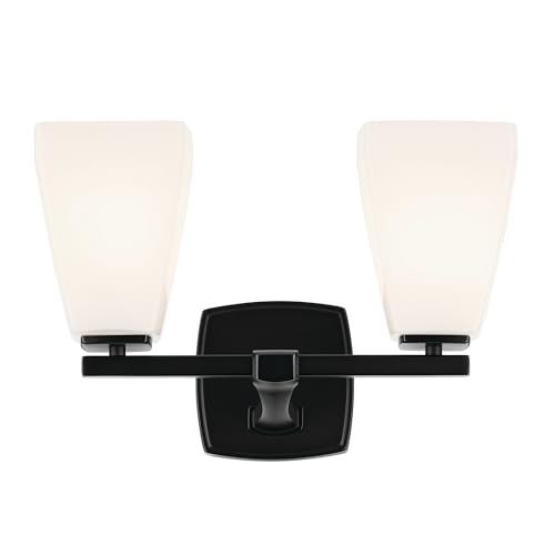 Image of Kichler Marant 2-Light Bathroom Vanity Light Fixture with Opal Glass, 14.25 inch Modern Wall Sconce in Black for Over Mirror, Powder Room (14.25 inch W x 9.5 inch H), 55215BK