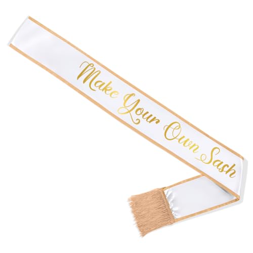 Party to Be Plain Sash with Tassels Blank Satin Sash for Adults 3.9\" Wide x 74.8\" in Total Length (White with golden border)