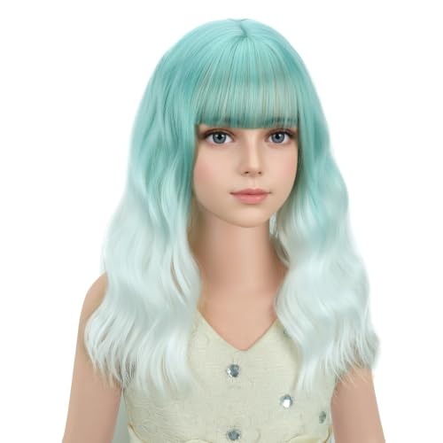 Image of PATTNIUM Girls Mint Green Ombre White Wig with Bangs Kids Short Wavy Curly Mint Green Ombre Bob Wigs Synthetic Halloween Costume Cosplay Party Wigs