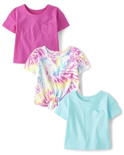 The Childrens Place Baby Girls and Toddler Short Sleeve Everday Casual Knit Shirt Tie Dye/Pink/Teal 3-Pack 5 Years
