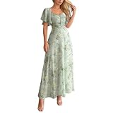 Wedding Guest Dresses for Women UK Women's Chiffon Floral Maxi Dress - Summer Elegant Boho Long Flowy Dresses Ruffle Sleeves V Neck Vacation Beach Outfit Wedding Guest Engagement Cocktail Party