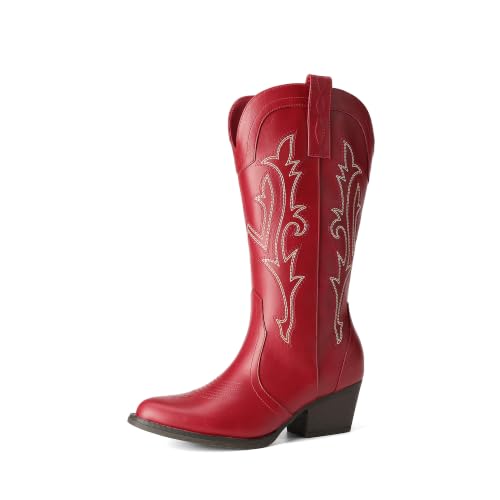 Image of DREAM PAIRS Women's Cowboy Cowgirl Boots Embroidered Pointed Toe Low Heel Western Mid Calf Boot for Theme Party Country Concert