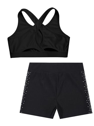 Kids Girls 2 Pieces Outfits Sports Suit Cross Back Sleeveless Sport Bras with Rhinestones Shorts for Sport Dance4