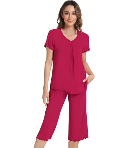 Image of NACHILA Women's Pajama Sets Cooling Bamboo Viscose V-Neck Top & Capri Pants