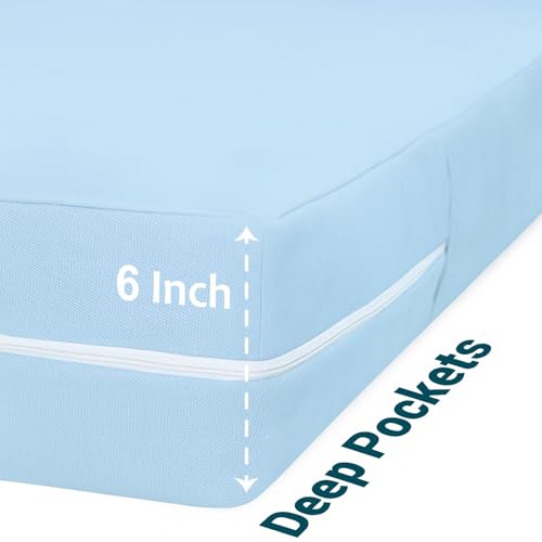 Image of Zipper Closure Style Mattress Protector Single Size 100% Waterproof Six-Sided Mattress Encasement for Bed 48x75 Inch Fit On 6 Inch 4X6.3 Feet Light Blue