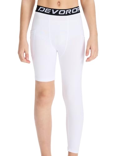 DEVOROPA Youth Boys One Leg Compression Pants for Basketball 3/4 Leggings Sports Tights Athletic Soccer Baselayer Pockets