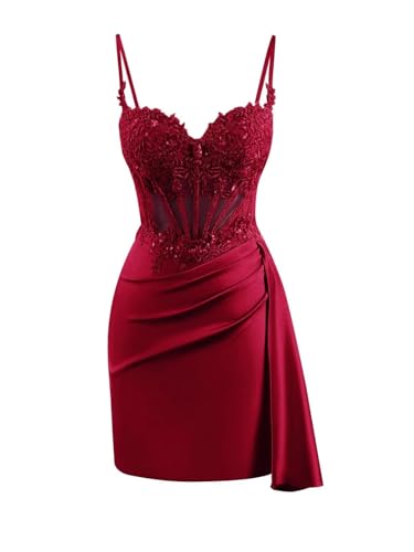 Spaghetti Straps Short Homecoming Dresses for Teens Satin Lace Applique Prom Cocktail Dress HO30