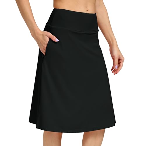 Womens Midi Knee-Length Skirt with Built-in Skorts Hidden Drawstring Zippered Pockets Appropriate for Working Casual Office