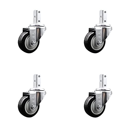 Swivel Square Stem Caster Set 4 w/3.5” x 1.25” Black Polyurethane Wheel - 7/8” x 2” Square Stem with (3) 17/64” Diameter Mounting Holes - Includes 4 Swivel-1200 lbs. Cpty/Caster - Service Caster Brand