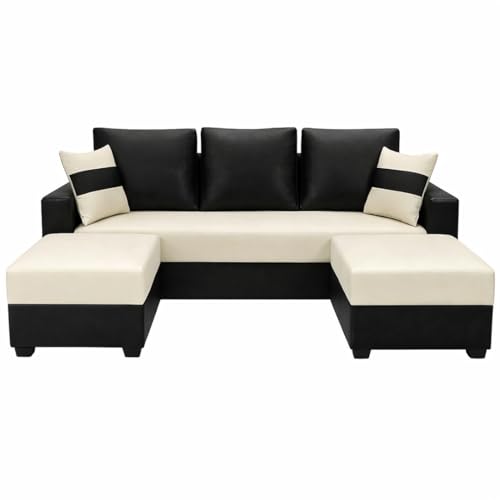 Image of Strike Dual Tone 5 Seater L Shape Leatherette Sofa Set with 2 Movable Ottomans | Flexible Layout | Premium Leatherette Upholstery | for Living Room & Office Spaces (Black & Cream) | Breathable Material