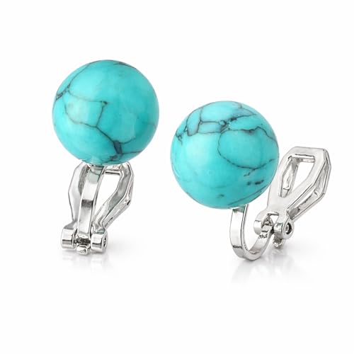 Mothers Day Gift Earrings for Women,Turquoise Clip On Earrings,Natural Blue Stone Non Pierced Silver Earrings,Hypoallergenic Lightweight Jewelry