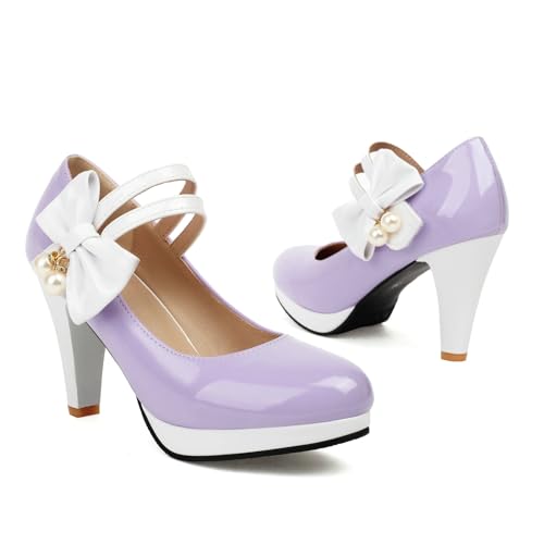 AIMODOR Mary Jane Shoes Women Block High Heel Round Toe Platform Sweet Bow Patent Leather Ankle Strap Dress Pumps Ladies2