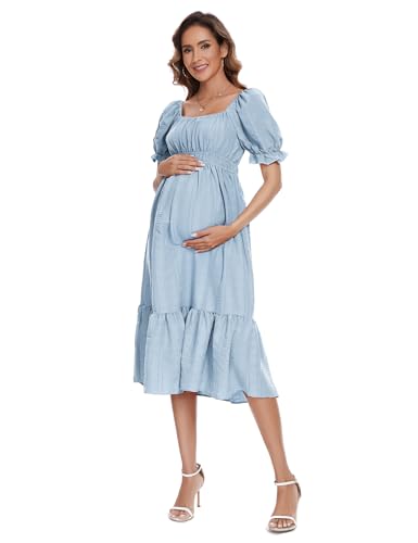 KOJOOIN Damen Umstandskleid Kurzarm Schwangerschaftskleid Midi Hohe Taille Stillkleid Mit Rüschen Hellblau(Kurzarm)-New M