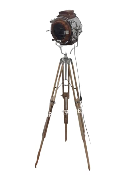 Collectible Marine Unique Chrome & Wood Spot Light Tripod Stand Rustic Vintage Home Decor Gifts