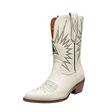  Frauen Lange Stiefel Mischfarbe Sticken Quadratische Absätze Retro Ritterstiefel Weibliche Slip On Leder Western Cowboystiefel