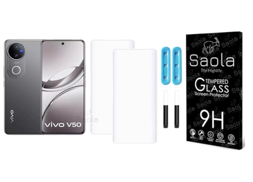 Image of Saola 2-Pack UV Curved Tempered Glass for Vivo V50 | 9H Hardness | Edge-to-Edge Full Screen Coverage | UV Light Installation | Scratch Resistant | Case Friendly Screen Protector. (6.77 Inches)